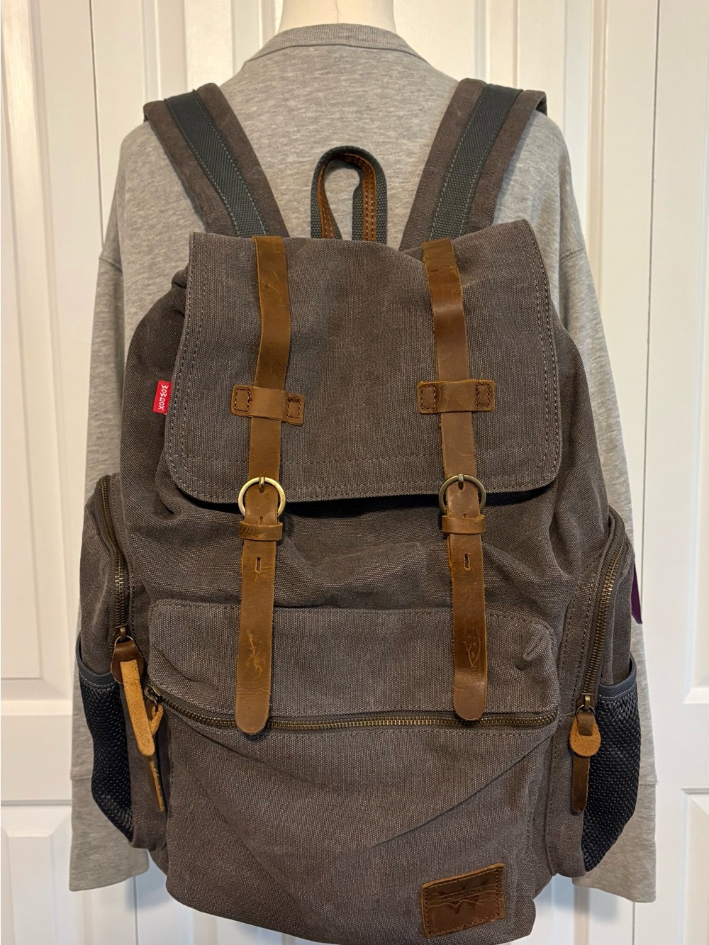 WOWBOX, Lightweight Canvas Backpack with Leather Accents - Brown